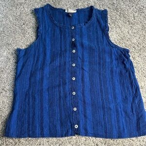 🎆 Universal thread linen flutter sleeve button down tank top small blue stripe